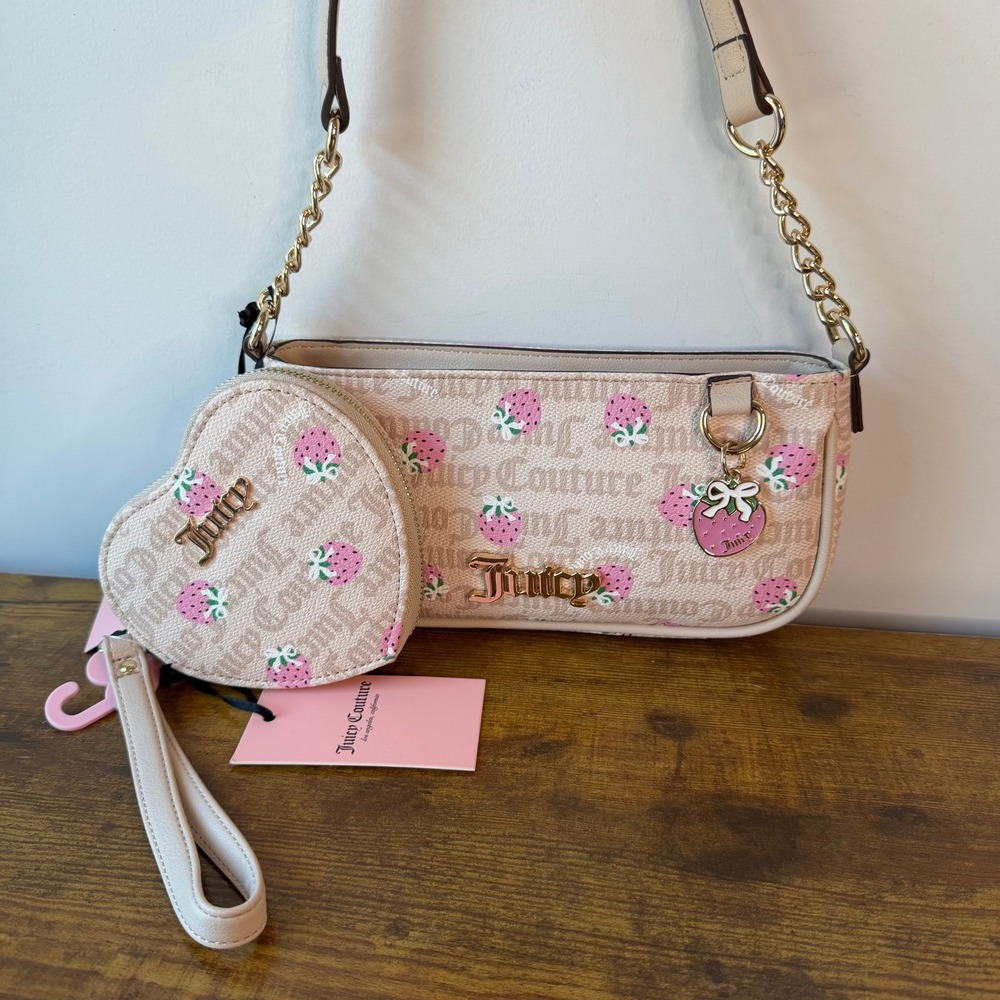 New Juicy Couture Berry Sweet Shoulder Handbag Wristlet Wallet Beige Strawberry